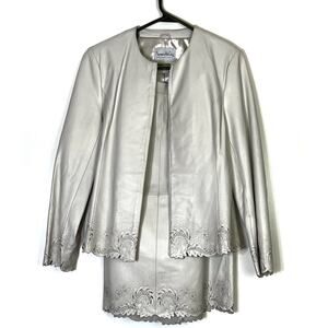 Pamela McCoy Cream Perforated Leather Jacket and Skirt Set Size 8 EUC